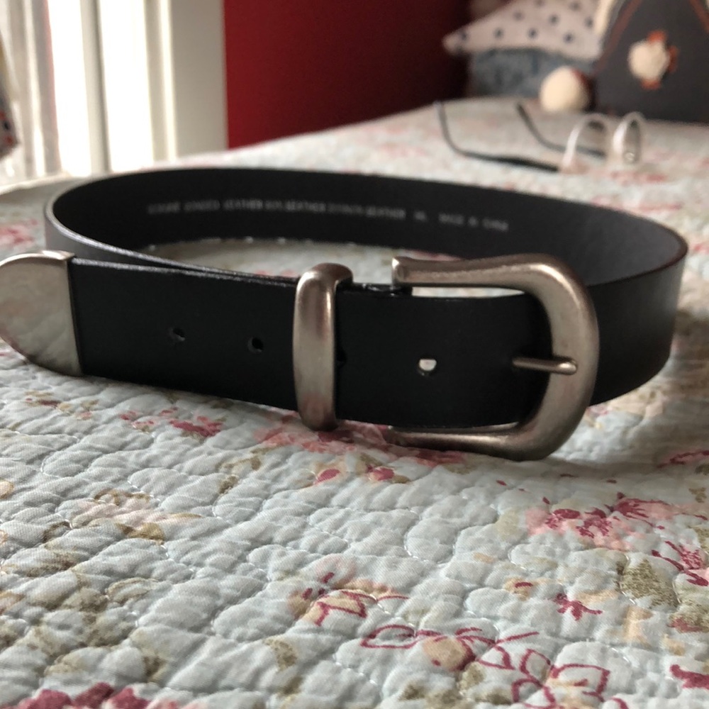Black leather belt with silver hardware